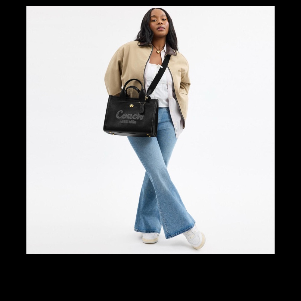 Coach Black Leather Tote with Script Logo and Removable Strap